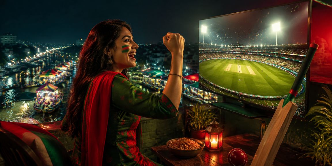 A cricket fan in Barishal dressed in red and green, enjoying cricket betting on mobile
