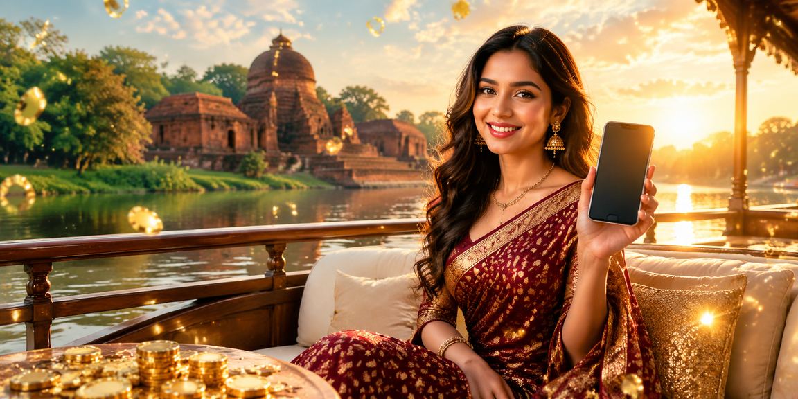 কুমিল্লায় শাড়ি পরা একজন নারী ব্যবহারকারী মোবাইলে ক্যাশব্যাক বোনাস দেখছেন